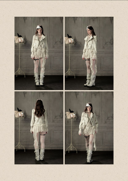 Slim-Fit Lace Lapel Beige Asymmetric Jacket【s0000018940】