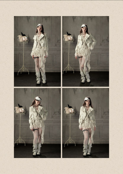 Slim-Fit Lace Lapel Beige Asymmetric Jacket【s0000018940】