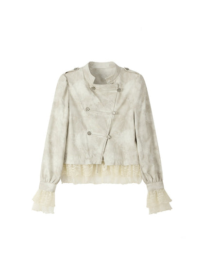 Slim-Fit Lace Lapel Beige Asymmetric Jacket【s0000018940】