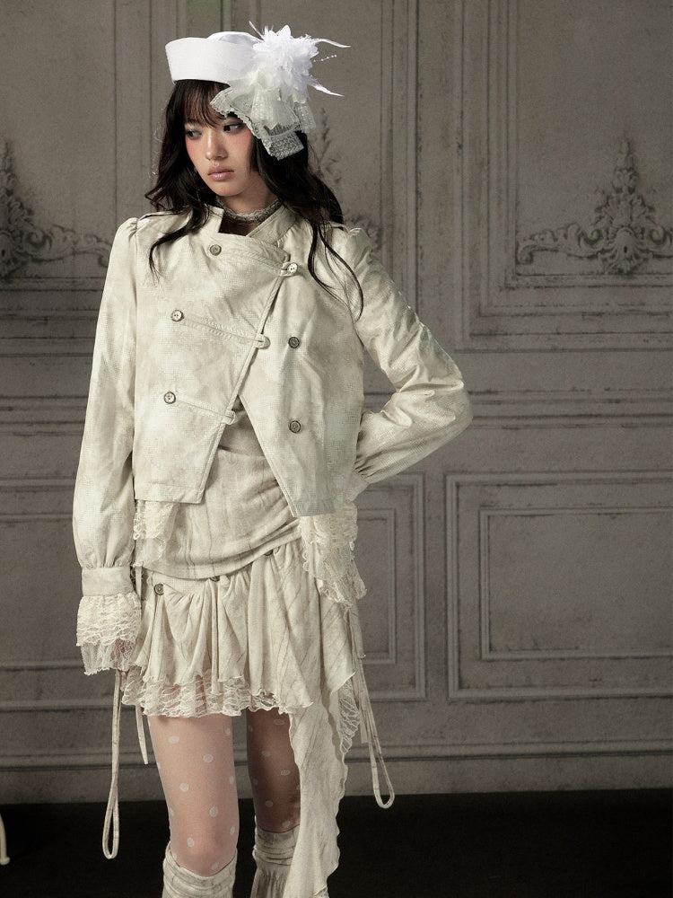 Slim-Fit Lace Lapel Beige Asymmetric Jacket【s0000018940】
