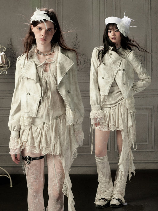 Slim-Fit Lace Lapel Beige Asymmetric Jacket【s0000018940】