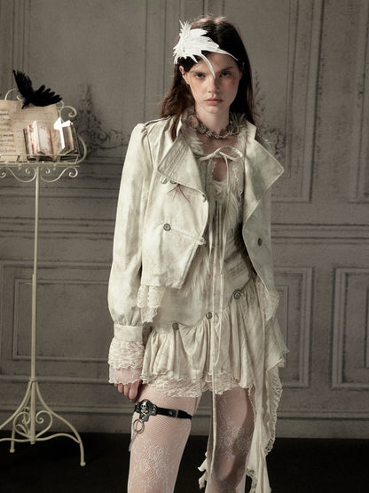 Slim-Fit Lace Lapel Beige Asymmetric Jacket【s0000018940】