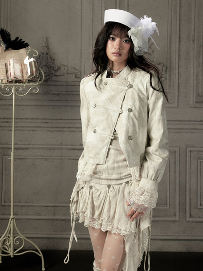 Slim-Fit Lace Lapel Beige Asymmetric Jacket【s0000018940】