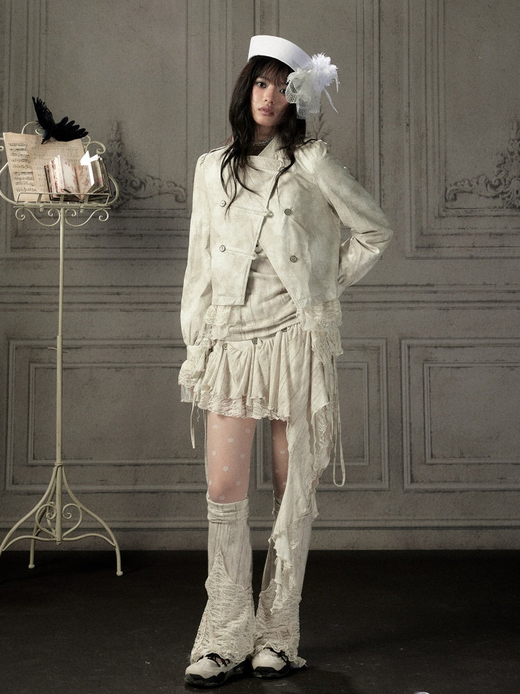 Slim-Fit Lace Lapel Beige Asymmetric Jacket【s0000018940】