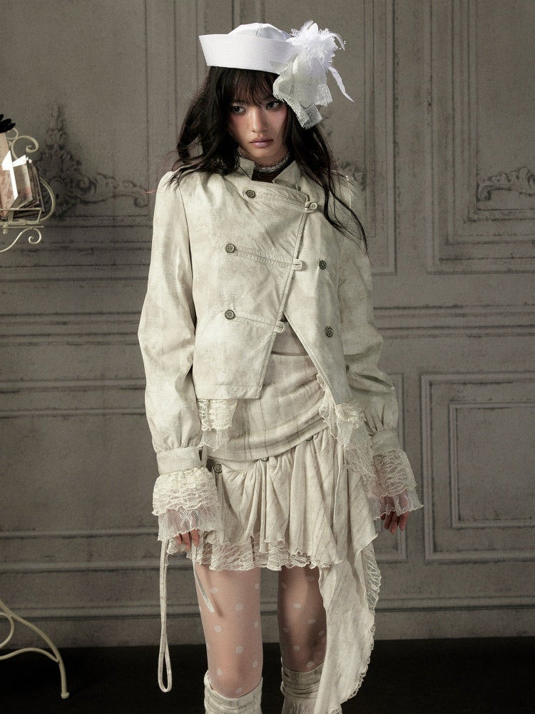 Slim-Fit Lace Lapel Beige Asymmetric Jacket【s0000018940】