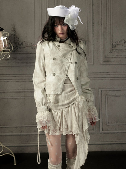 Slim-Fit Lace Lapel Beige Asymmetric Jacket【s0000018940】
