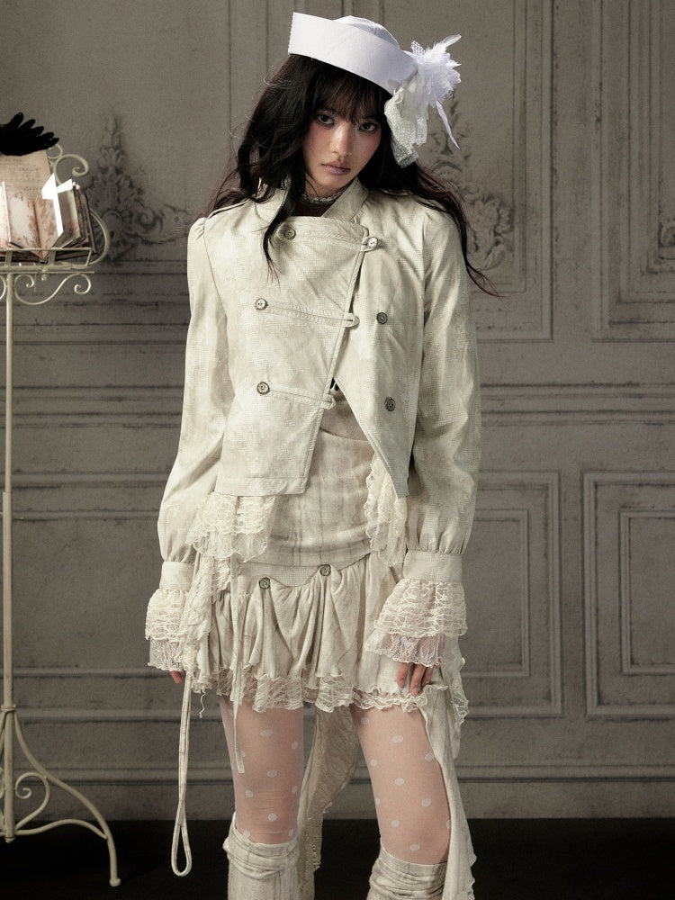 Slim-Fit Lace Lapel Beige Asymmetric Jacket【s0000018940】