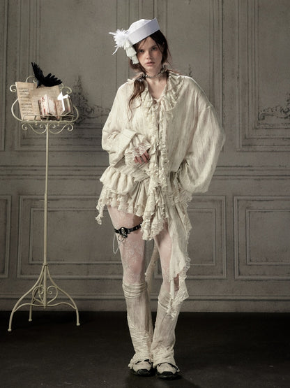 Ruffled Patchwork Iong-Sleeve Beige V-Neck Shirt【s0000018941】