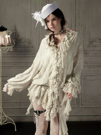 Ruffled Patchwork Iong-Sleeve Beige V-Neck Shirt【s0000018941】