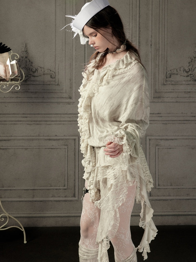 Ruffled Patchwork Iong-Sleeve Beige V-Neck Shirt【s0000018941】