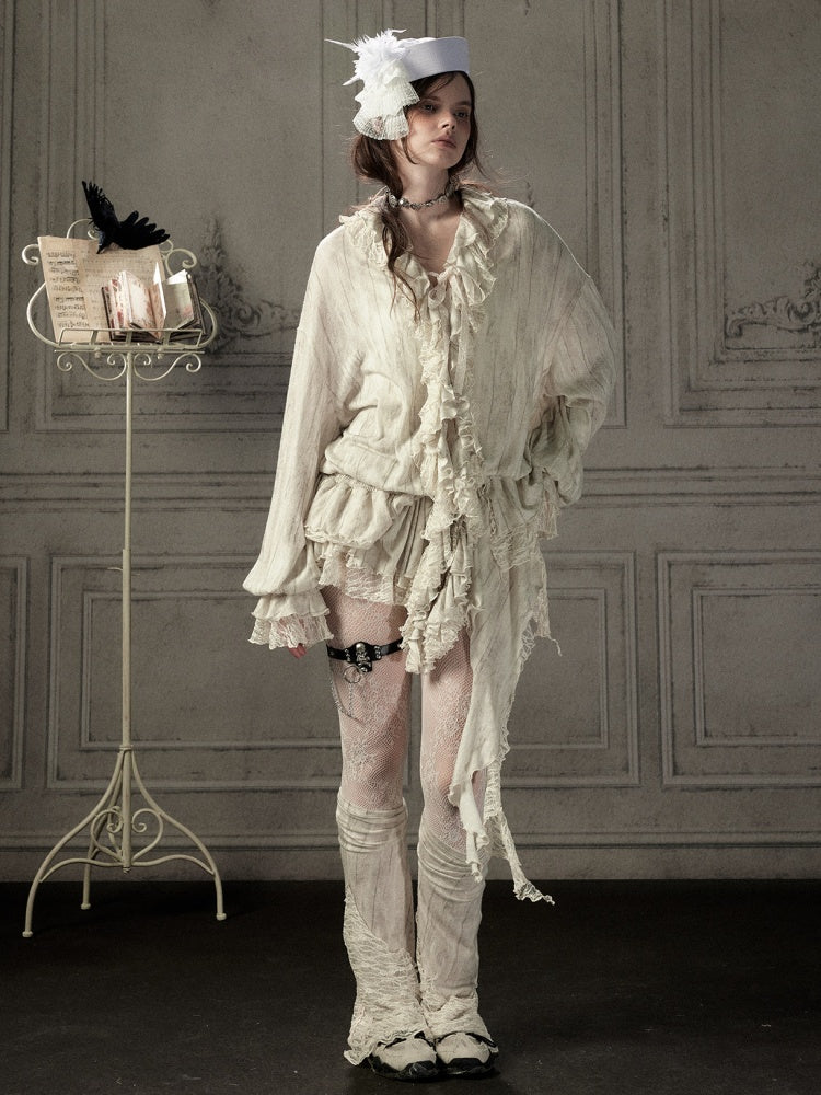 Ruffled Patchwork Iong-Sleeve Beige V-Neck Shirt【s0000018941】