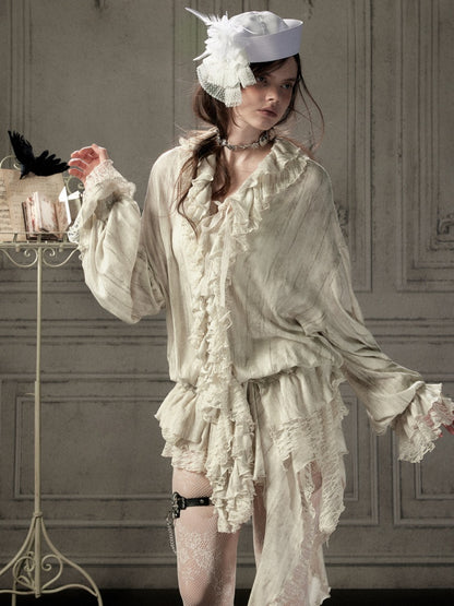 Ruffled Patchwork Iong-Sleeve Beige V-Neck Shirt【s0000018941】
