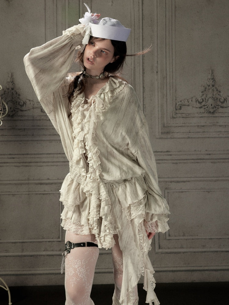 Ruffled Patchwork Iong-Sleeve Beige V-Neck Shirt【s0000018941】