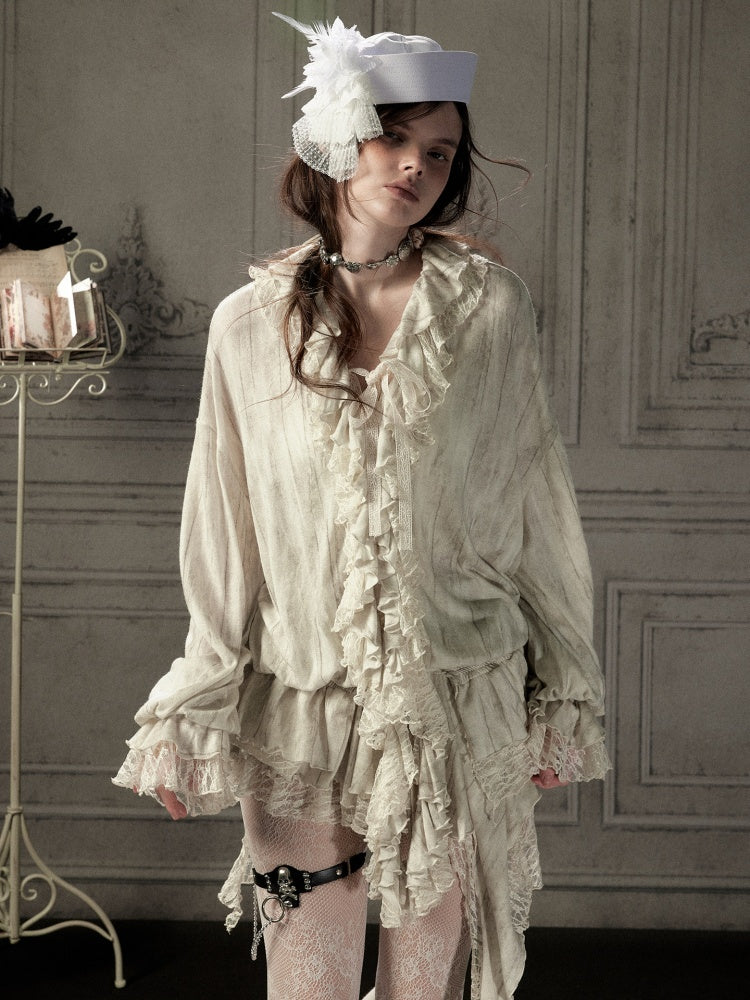 Ruffled Patchwork Iong-Sleeve Beige V-Neck Shirt【s0000018941】