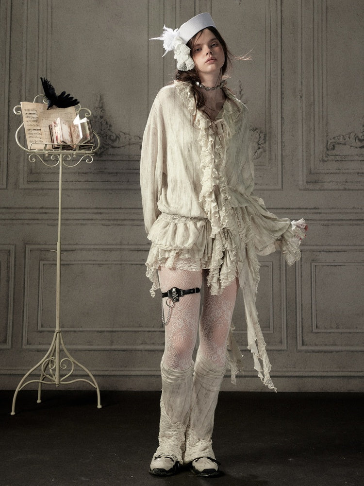 Ruffled Patchwork Iong-Sleeve Beige V-Neck Shirt【s0000018941】
