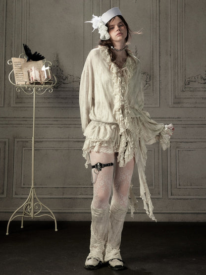 Ruffled Patchwork Iong-Sleeve Beige V-Neck Shirt【s0000018941】