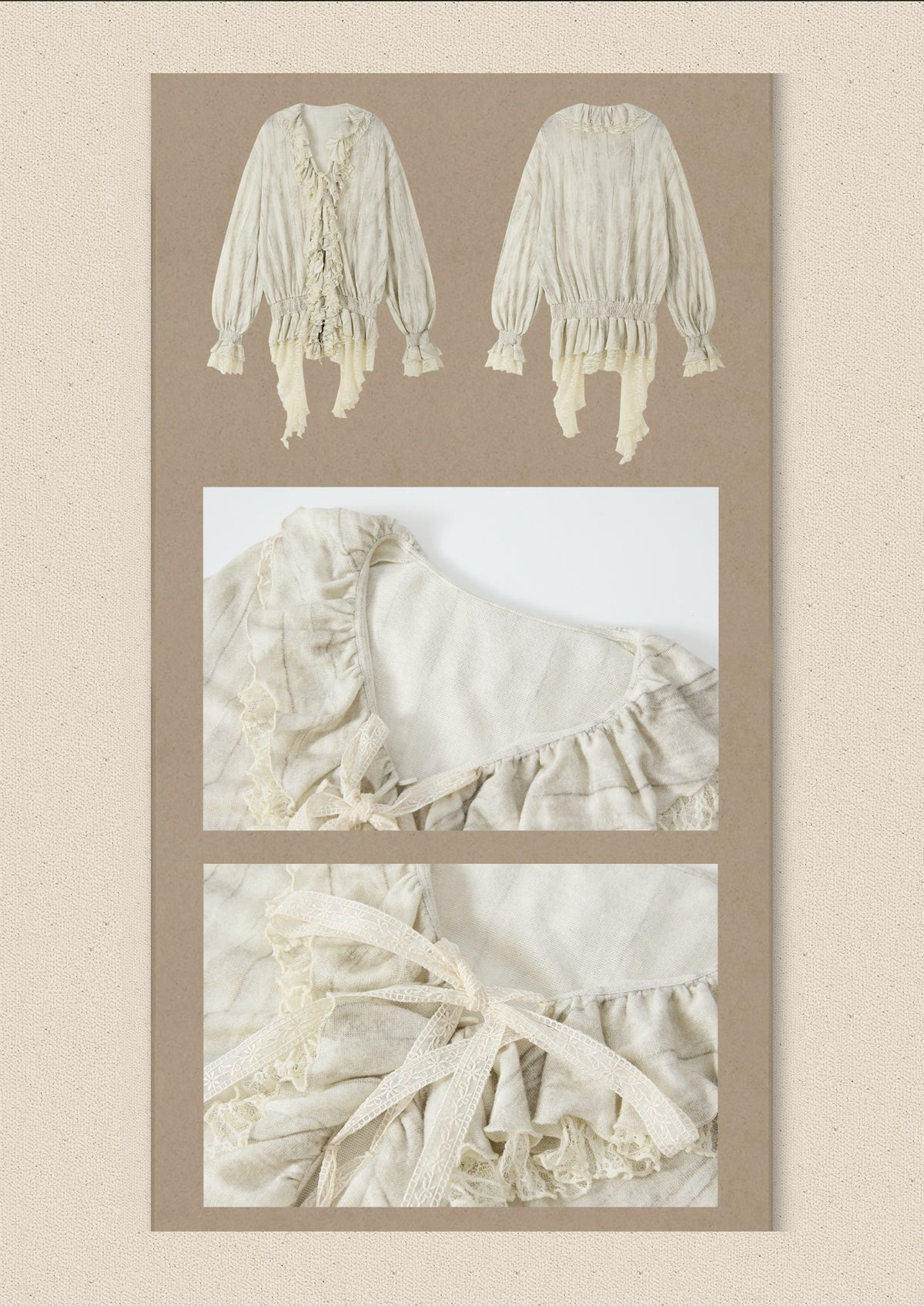 Ruffled Patchwork Iong-Sleeve Beige V-Neck Shirt【s0000018941】