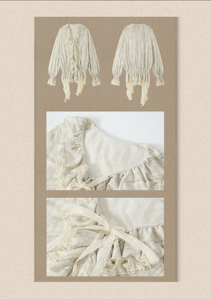 Ruffled Patchwork Iong-Sleeve Beige V-Neck Shirt【s0000018941】