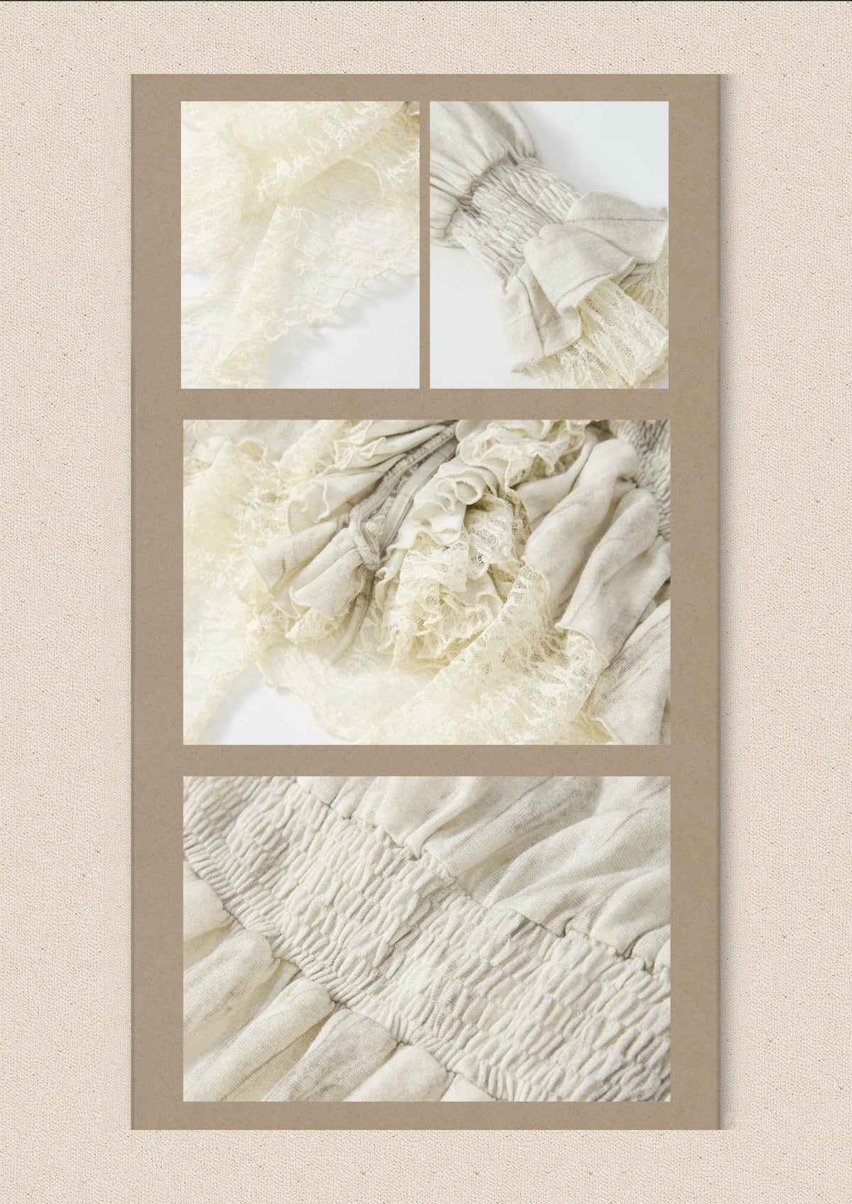 Ruffled Patchwork Iong-Sleeve Beige V-Neck Shirt【s0000018941】