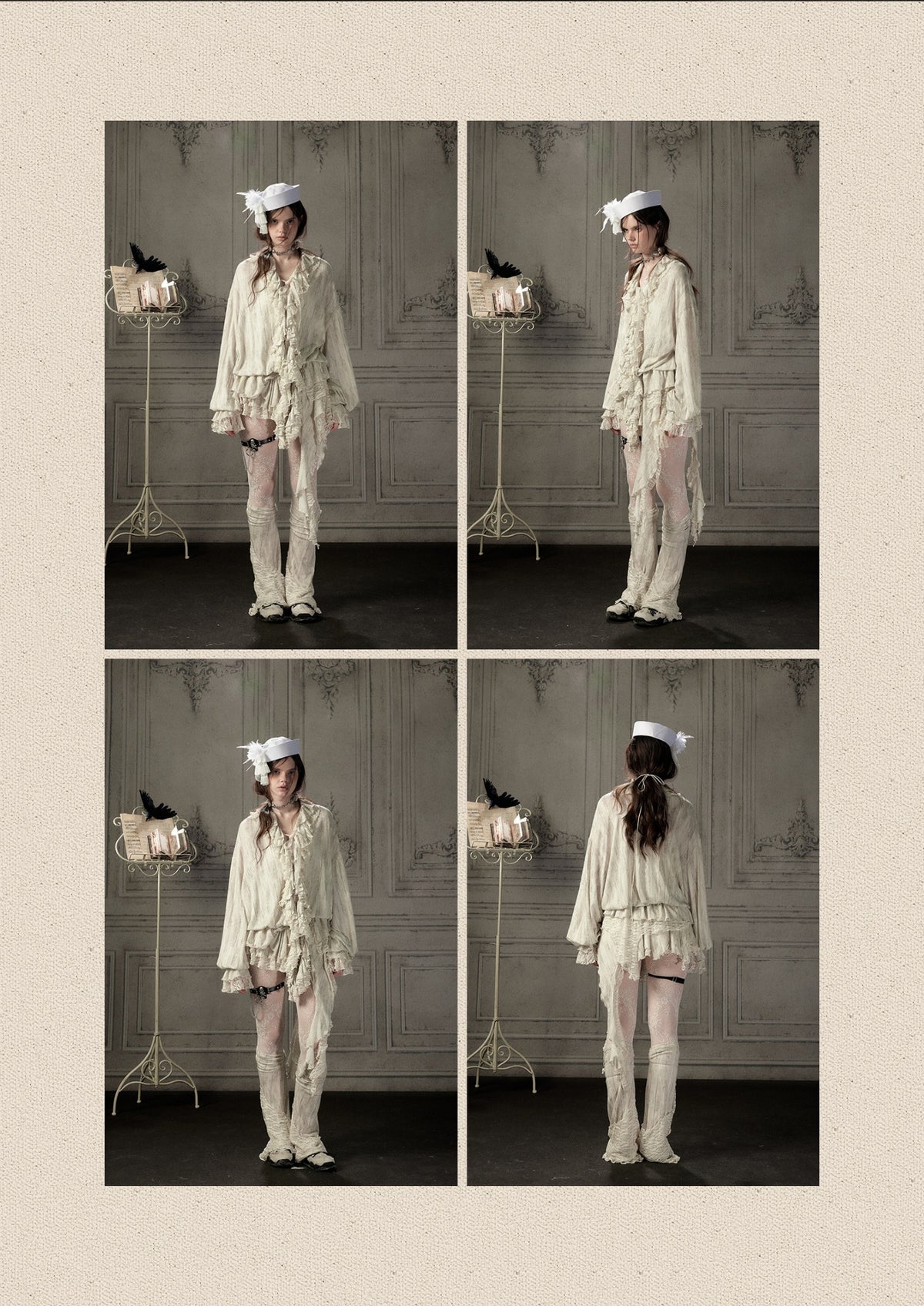 Ruffled Patchwork Iong-Sleeve Beige V-Neck Shirt【s0000018941】