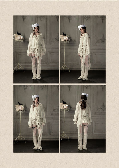 Ruffled Patchwork Iong-Sleeve Beige V-Neck Shirt【s0000018941】