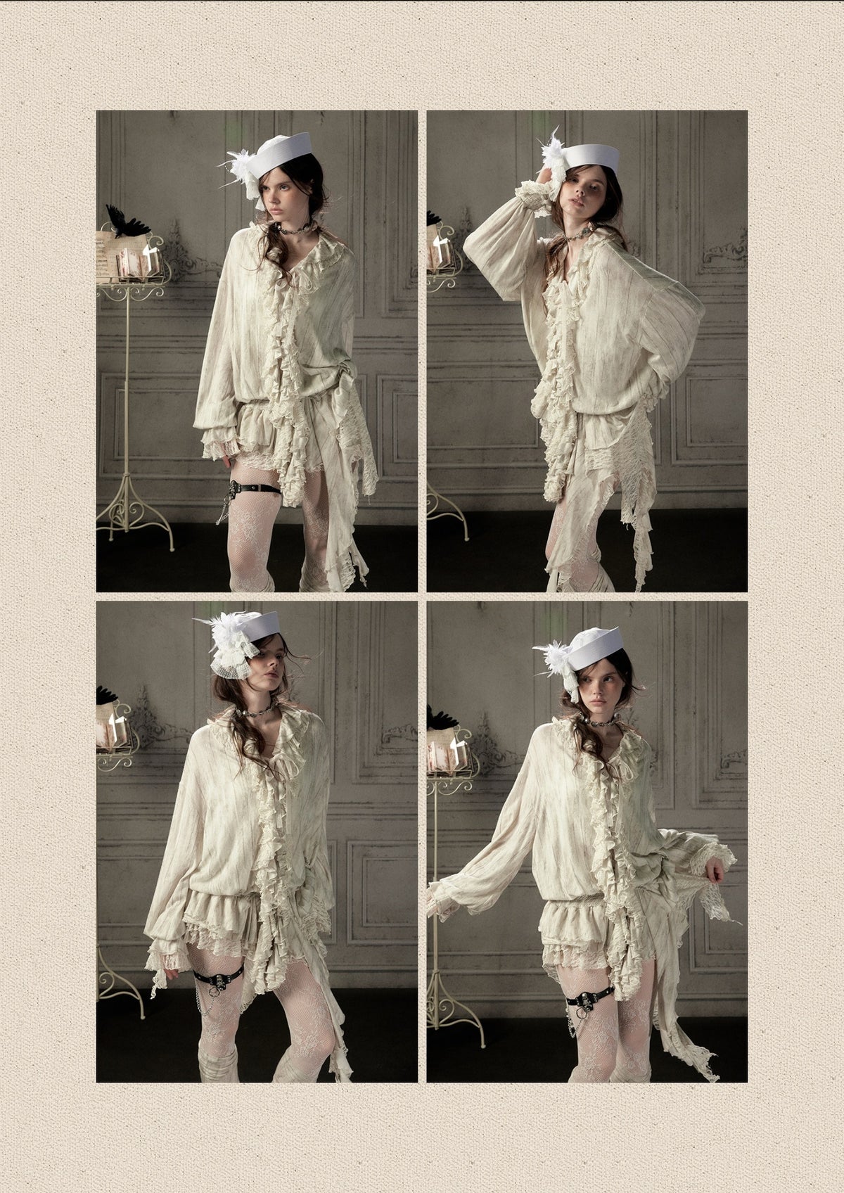 Ruffled Patchwork Iong-Sleeve Beige V-Neck Shirt【s0000018941】