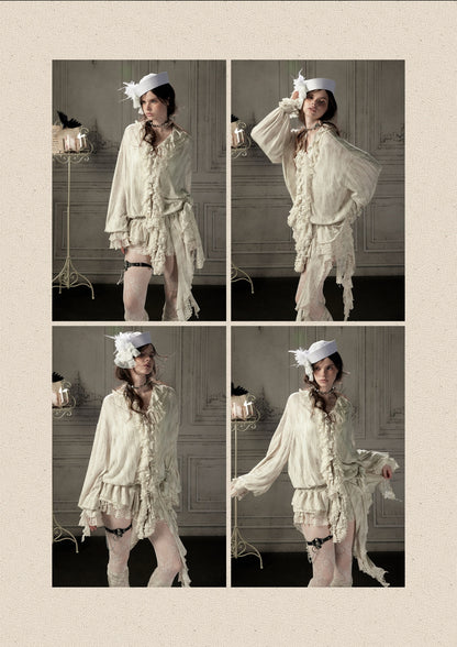 Ruffled Patchwork Iong-Sleeve Beige V-Neck Shirt【s0000018941】
