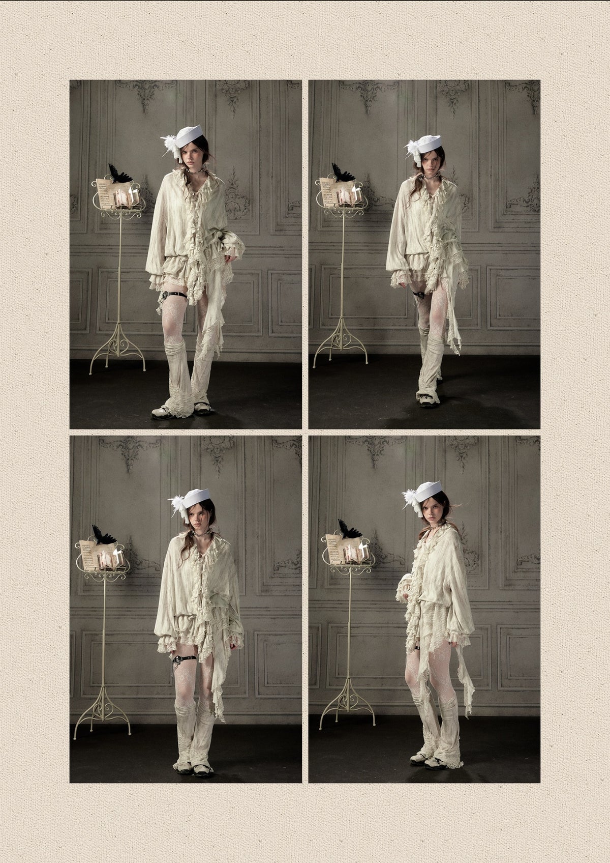 Ruffled Patchwork Iong-Sleeve Beige V-Neck Shirt【s0000018941】