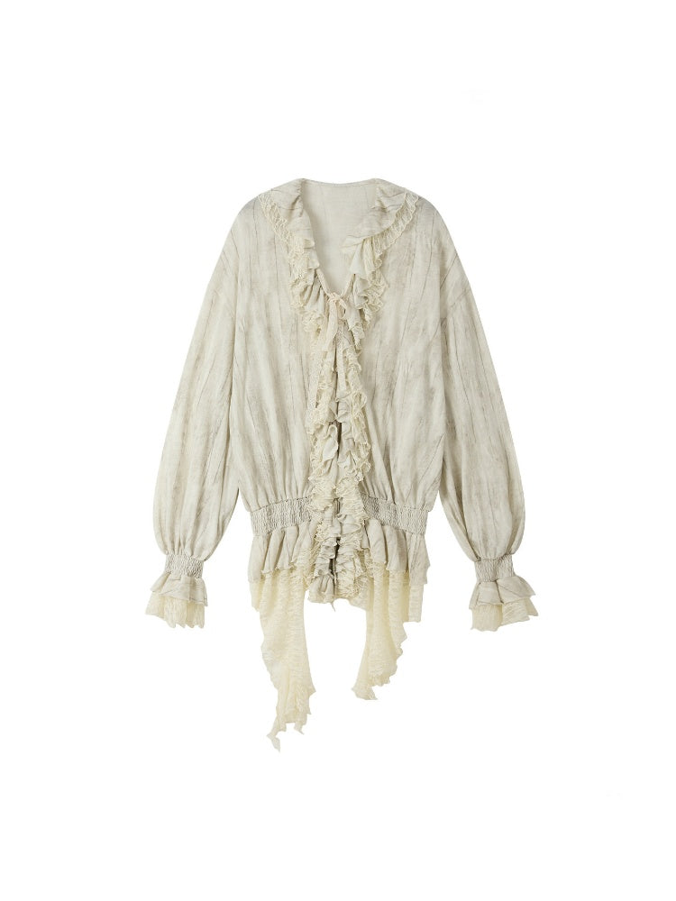 Ruffled Patchwork Iong-Sleeve Beige V-Neck Shirt【s0000018941】