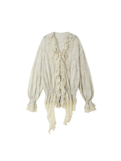 Ruffled Patchwork Iong-Sleeve Beige V-Neck Shirt【s0000018941】