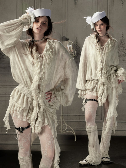 Ruffled Patchwork Iong-Sleeve Beige V-Neck Shirt【s0000018941】