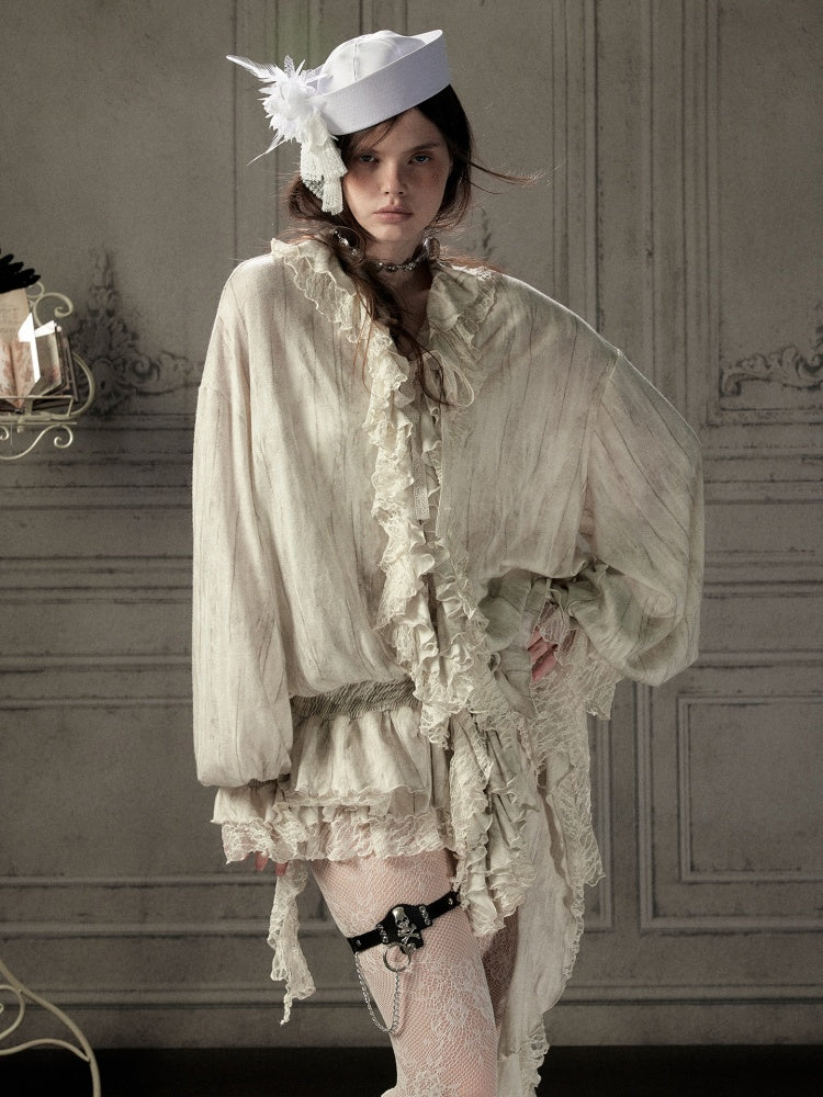 Ruffled Patchwork Iong-Sleeve Beige V-Neck Shirt【s0000018941】