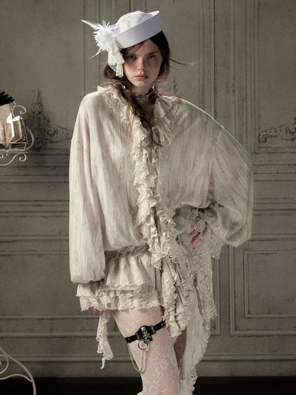 Ruffled Patchwork Iong-Sleeve Beige V-Neck Shirt【s0000018941】