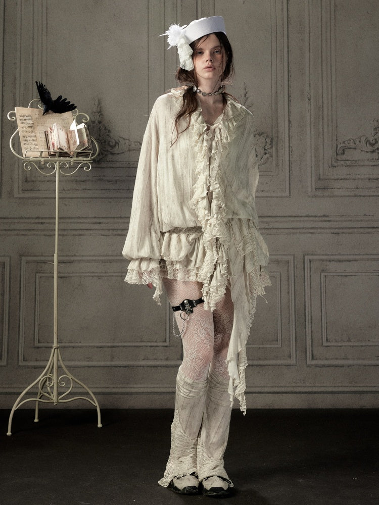 Ruffled Patchwork Iong-Sleeve Beige V-Neck Shirt【s0000018941】