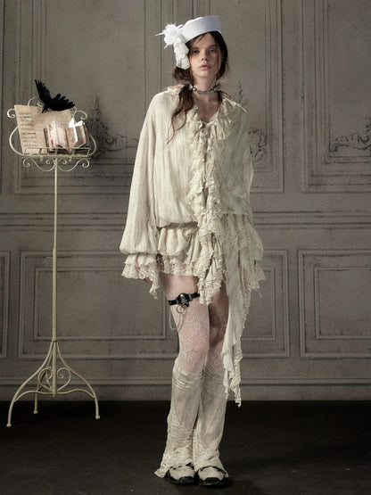 Ruffled Patchwork Iong-Sleeve Beige V-Neck Shirt【s0000018941】