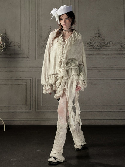 Ruffled Patchwork Iong-Sleeve Beige V-Neck Shirt【s0000018941】
