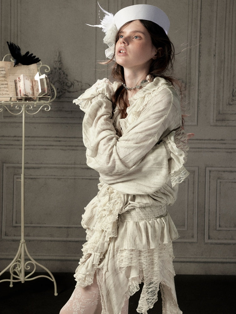 Ruffled Patchwork Iong-Sleeve Beige V-Neck Shirt【s0000018941】