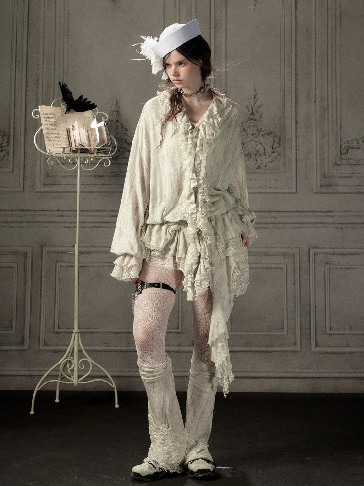 Ruffled Patchwork Iong-Sleeve Beige V-Neck Shirt【s0000018941】