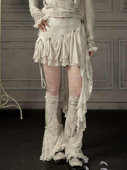 Irregular Button Lace Patchwork Beige Trailing Short Skirt【s0000018942】