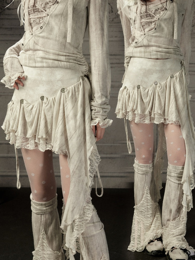 Irregular Button Lace Patchwork Beige Trailing Short Skirt【s0000018942】