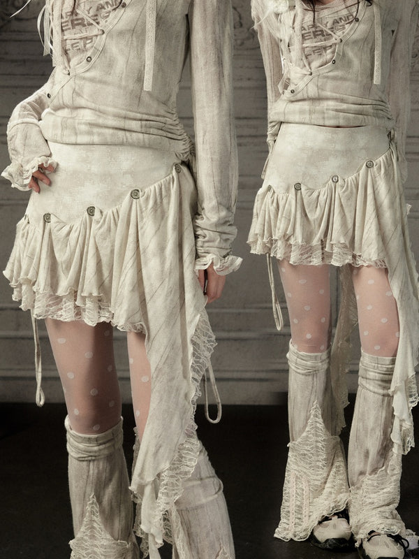 Irregular Button Lace Patchwork Beige Trailing Short Skirt【s0000018942】