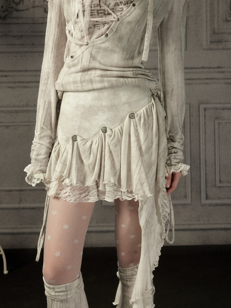 Irregular Button Lace Patchwork Beige Trailing Short Skirt【s0000018942】