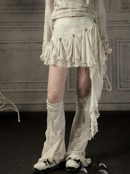 Irregular Button Lace Patchwork Beige Trailing Short Skirt【s0000018942】