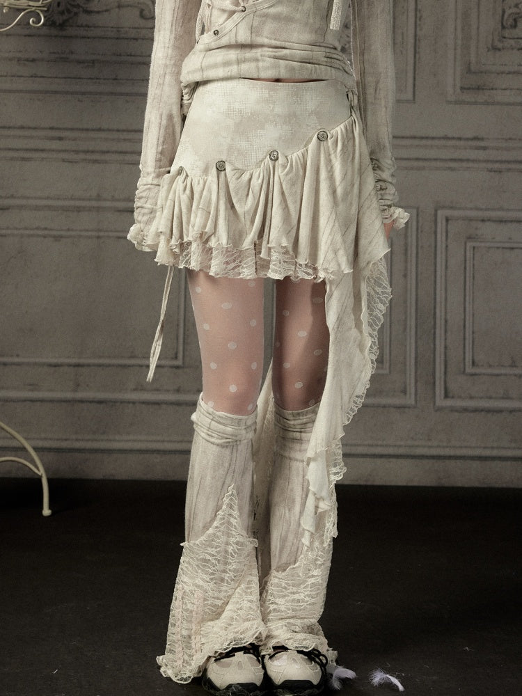 Irregular Button Lace Patchwork Beige Trailing Short Skirt【s0000018942】