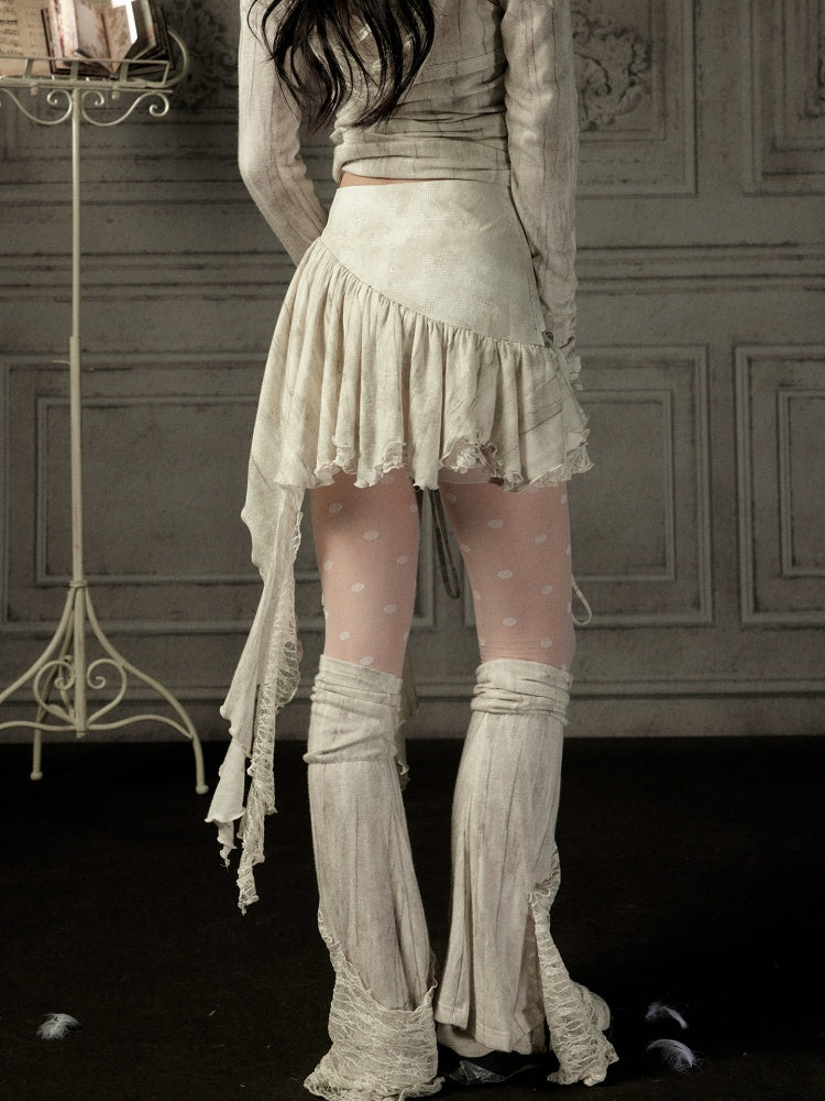 Irregular Button Lace Patchwork Beige Trailing Short Skirt【s0000018942】