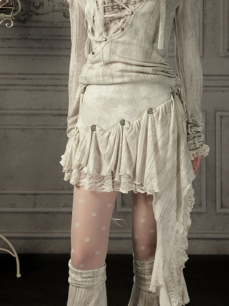 Irregular Button Lace Patchwork Beige Trailing Short Skirt【s0000018942】