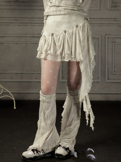 Irregular Button Lace Patchwork Beige Trailing Short Skirt【s0000018942】