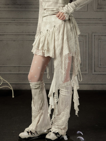 Irregular Button Lace Patchwork Beige Trailing Short Skirt【s0000018942】