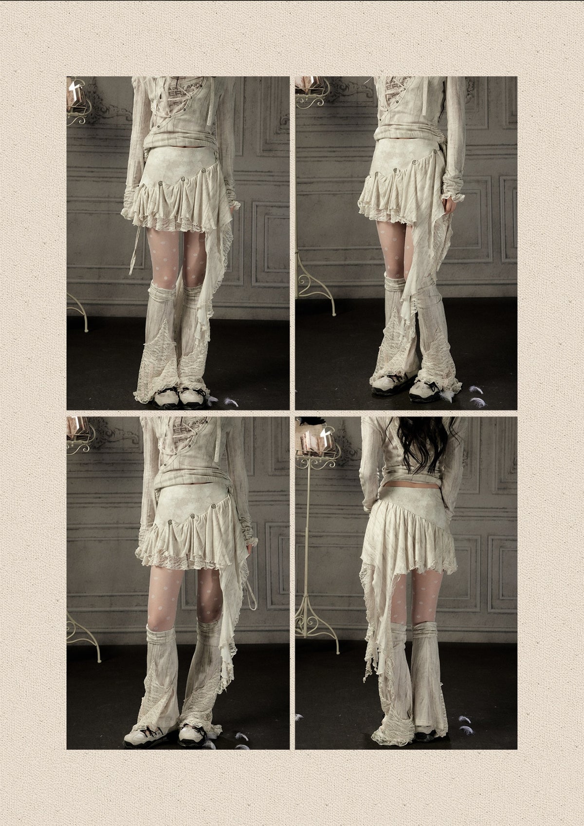 Irregular Button Lace Patchwork Beige Trailing Short Skirt【s0000018942】