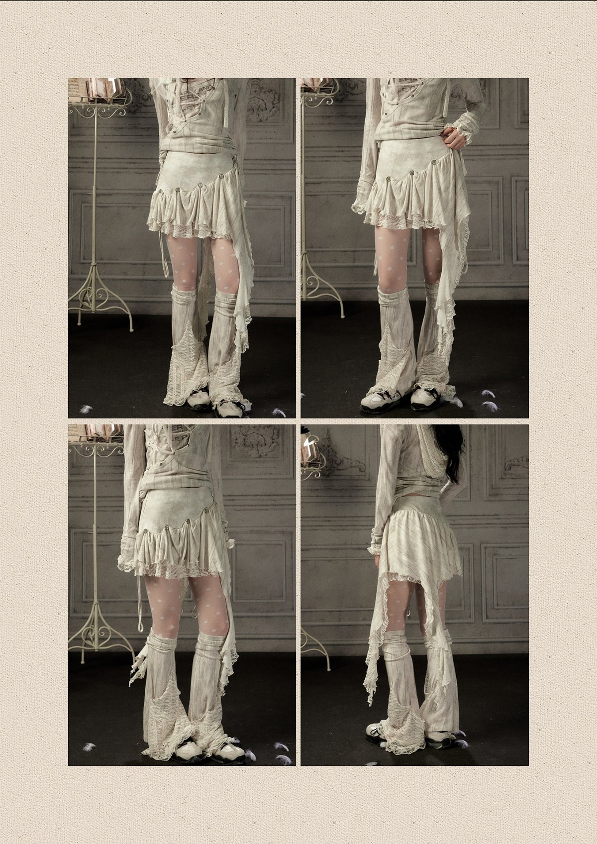 Irregular Button Lace Patchwork Beige Trailing Short Skirt【s0000018942】